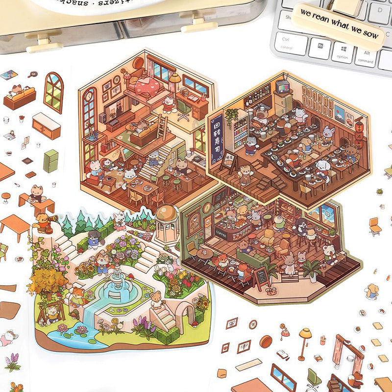 3D Scene Stickers -4 Theme-Street | Corner Park | Sushi Bar | Forest Inn | Coffee Bakery |