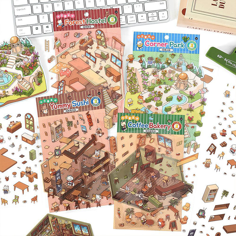 3D Scene Stickers -4 Theme-Street | Corner Park | Sushi Bar | Forest Inn | Coffee Bakery |