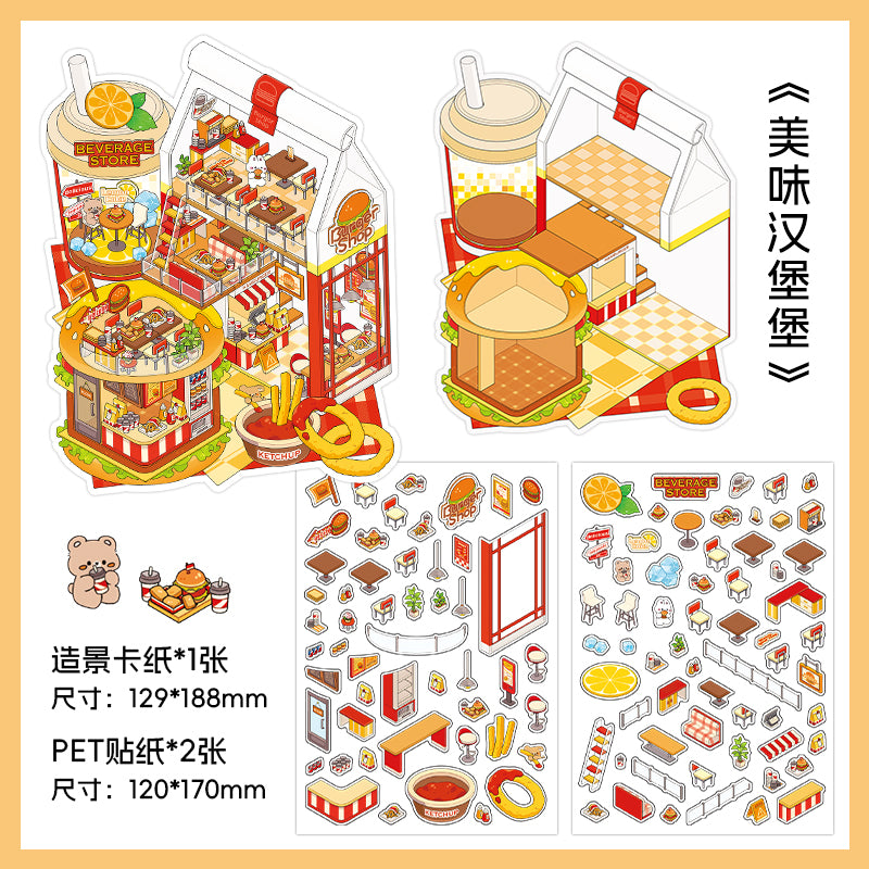 3D Food Sticker Scene DIY| Sizzling Hot Pot | Sweet House | Sushi Roll Restaurant | Delicious Hamburger | Single Sheet