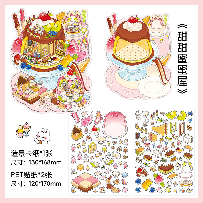 3D Food Sticker Scene DIY| Sizzling Hot Pot | Sweet House | Sushi Roll Restaurant | Delicious Hamburger | Single Sheet