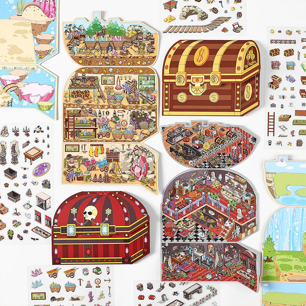 3D Large Size Scenery Sticker| Crab Treasure Box | Underground Treasure Hunt | Castle Treasures |Hide And Seek In The Valley| Single Sheet