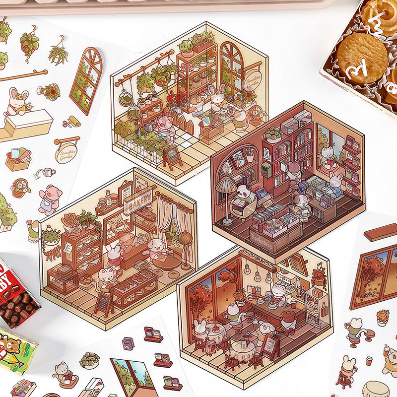 Single 3D Sticker|Cat Café|Sunny Greenhouse|Brown Bakery|Self-service Library
