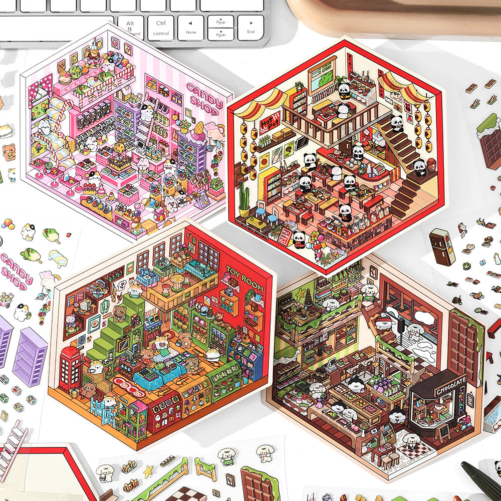 DIY Miniature Sticker Scene-| Hot Pot Restaurant | Chocolate Workshop | Rainbow Candy House |  Antique Toy Room | Single sheet