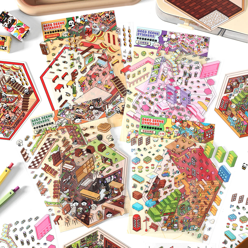 DIY Miniature Sticker Scene-| Hot Pot Restaurant | Chocolate Workshop | Rainbow Candy House |  Antique Toy Room | Single sheet