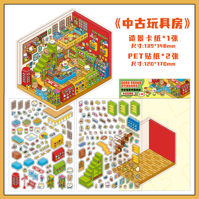 DIY Miniature Sticker Scene-| Hot Pot Restaurant | Chocolate Workshop | Rainbow Candy House |  Antique Toy Room | Single sheet
