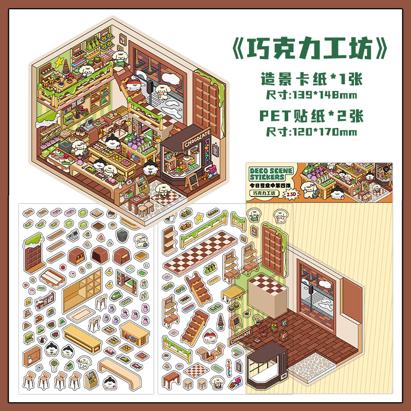 DIY Miniature Sticker Scene-| Hot Pot Restaurant | Chocolate Workshop | Rainbow Candy House |  Antique Toy Room | Single sheet