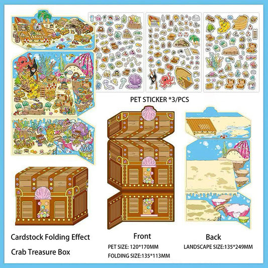 3D Large Size Scenery Sticker| Crab Treasure Box | Underground Treasure Hunt | Castle Treasures |Hide And Seek In The Valley| Single Sheet