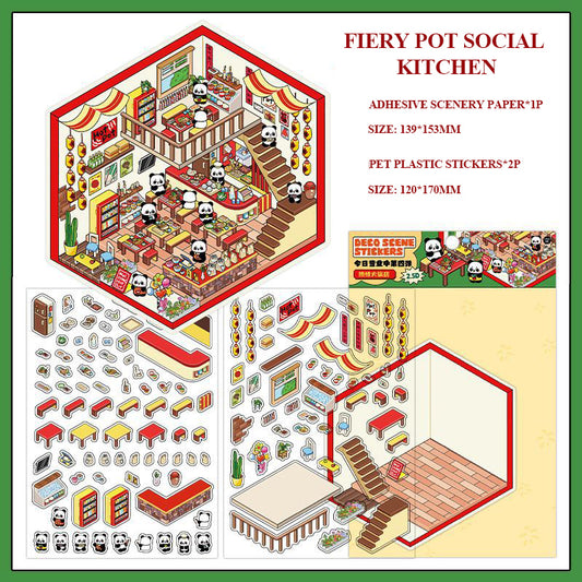 DIY Miniature Sticker Scene-| Hot Pot Restaurant | Chocolate Workshop | Rainbow Candy House |  Antique Toy Room | Single sheet