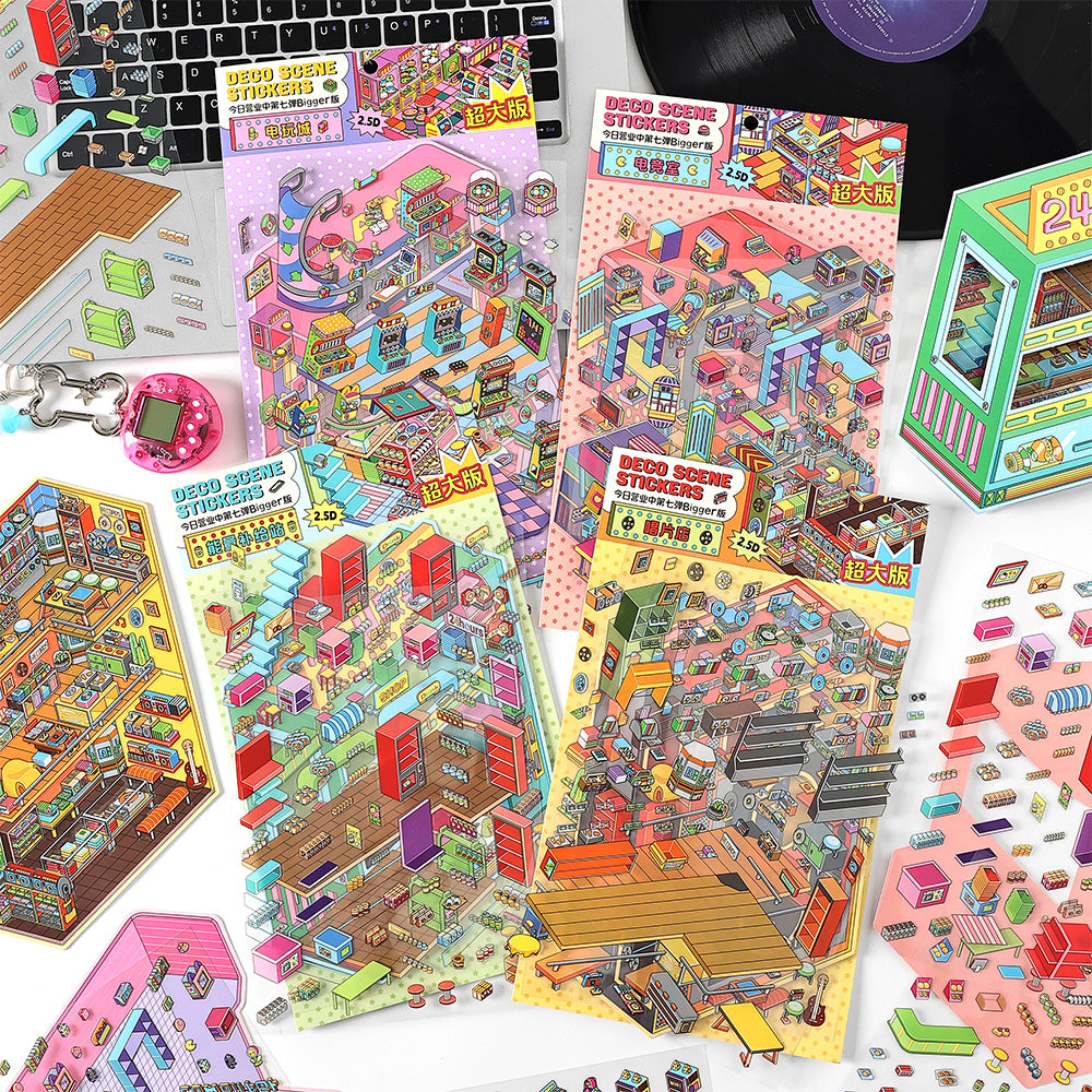 3D Deco Scene Sticker-| Record Store | eSports Room | Energy Station | Arcade |Single sheet