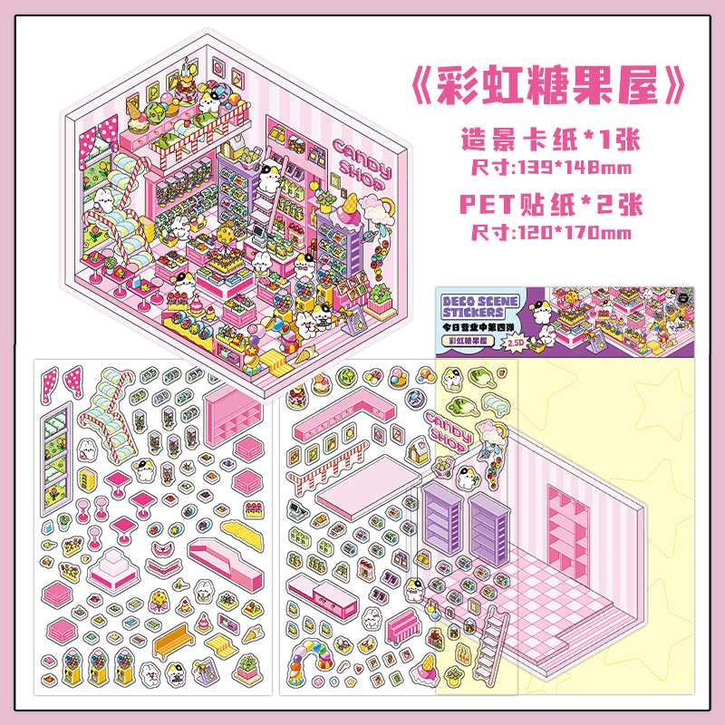 DIY Miniature Sticker Scene-| Hot Pot Restaurant | Chocolate Workshop | Rainbow Candy House |  Antique Toy Room | Single sheet