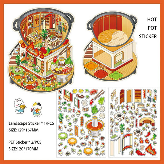 3D Food Sticker Scene DIY| Sizzling Hot Pot | Sweet House | Sushi Roll Restaurant | Delicious Hamburger | Single Sheet