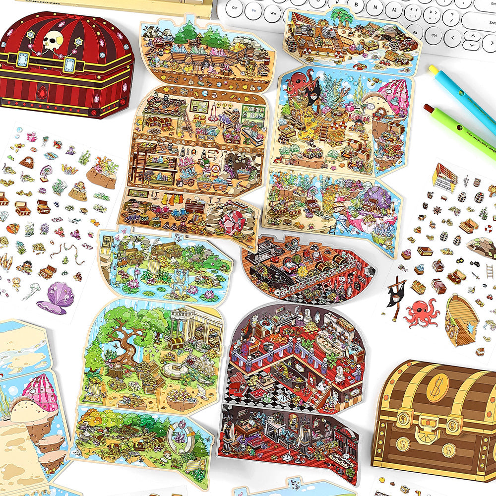 3D Large Size Scenery Sticker| Crab Treasure Box | Underground Treasure Hunt | Castle Treasures |Hide And Seek In The Valley| Single Sheet