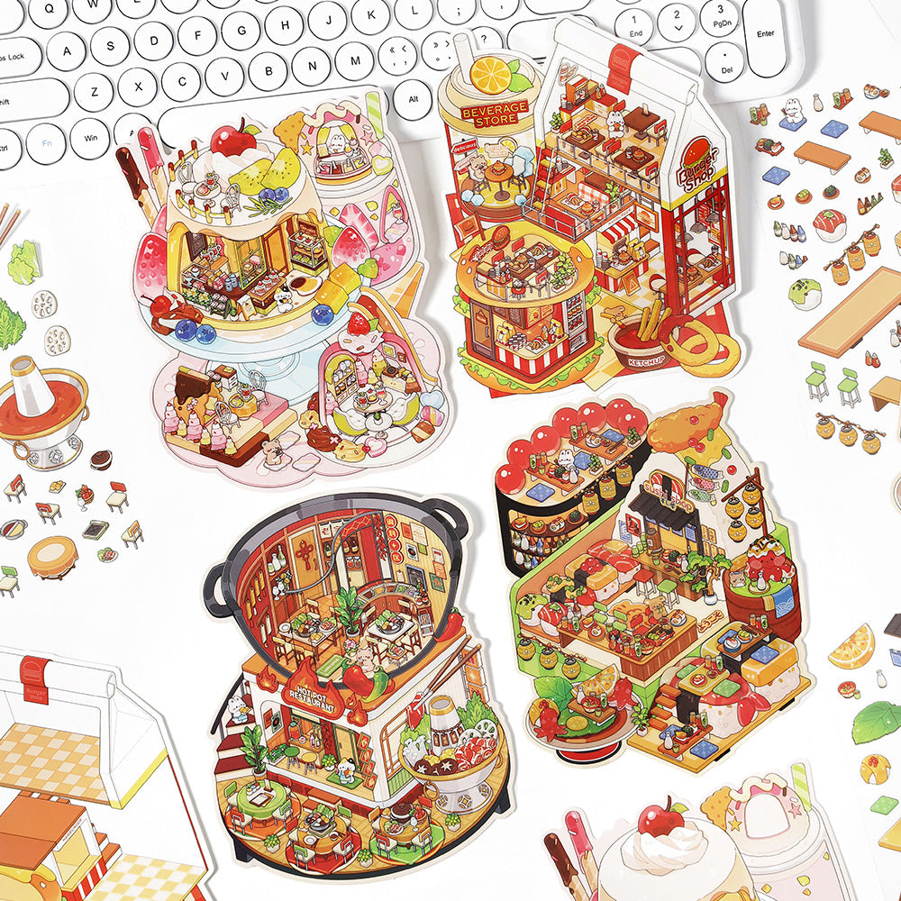 3D Food Sticker Scene DIY| Sizzling Hot Pot | Sweet House | Sushi Roll Restaurant | Delicious Hamburger | Single Sheet