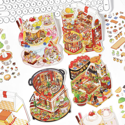3D Food Sticker Scene DIY| Sizzling Hot Pot | Sweet House | Sushi Roll Restaurant | Delicious Hamburger | Single Sheet