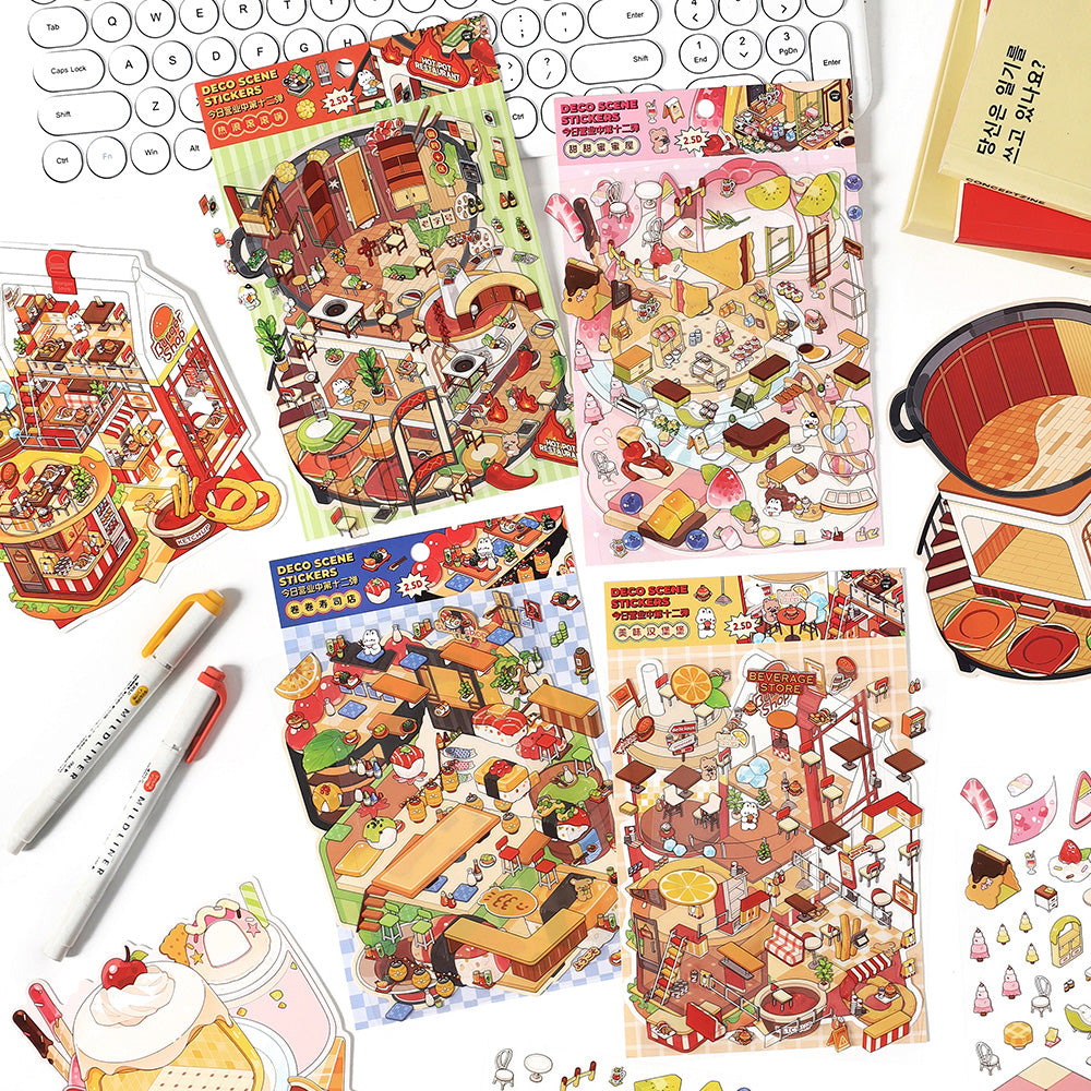 3D Food Sticker Scene DIY| Sizzling Hot Pot | Sweet House | Sushi Roll Restaurant | Delicious Hamburger | Single Sheet