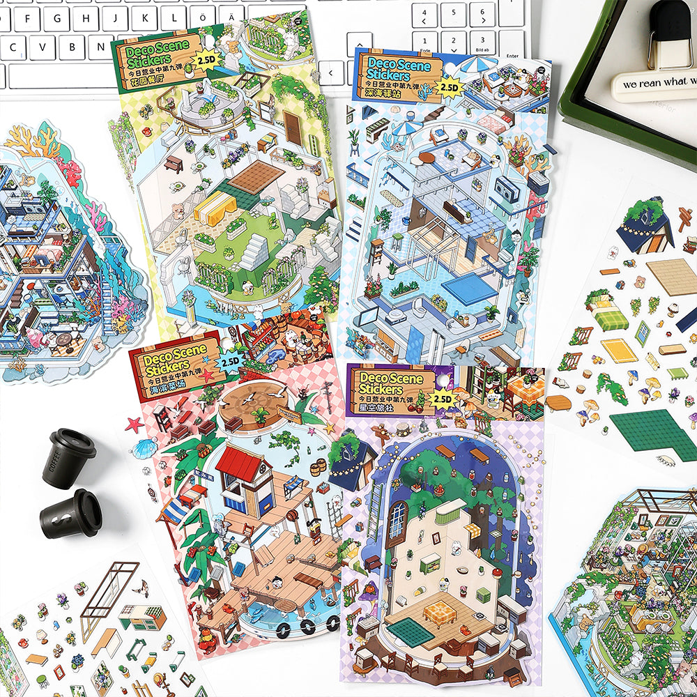 3D Deco Scene Stickers | Seaside Vegetable Market | Deep Sea Station | Garden Restaurant | Starry Sky Inn | Single Sheet
