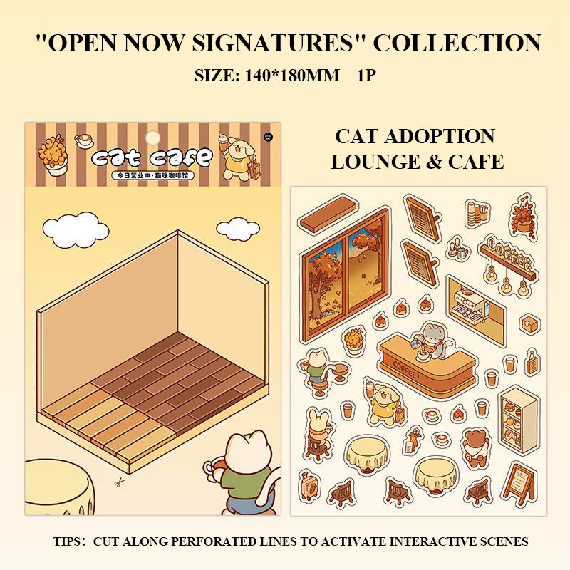 Single 3D Sticker|Cat Café|Sunny Greenhouse|Brown Bakery|Self-service Library